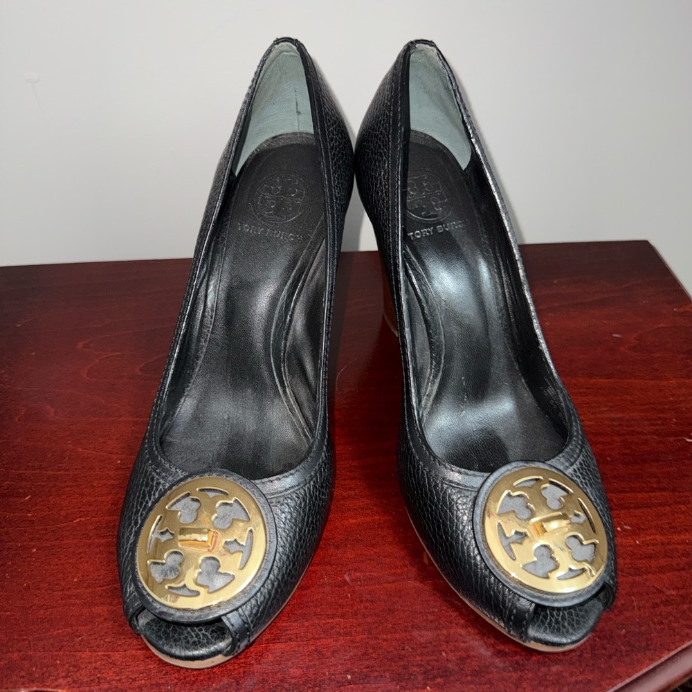 Tory Burch Black Heels with Gold Medallion